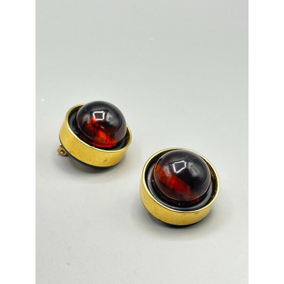 Vintage Dome Clip On Earrings with Bakelite & Gold Tone Finish Bold Design - Picture 5 of 7